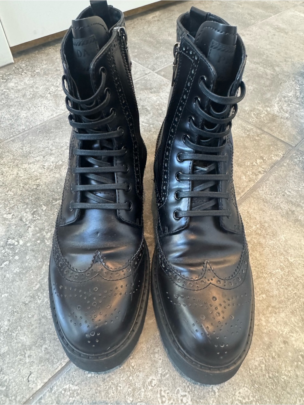 PRADA Black Leather Wingtip brogue detail Combat Boots Side Zip women Size 39